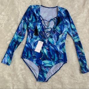 Blue Floral Long Sleeve One Piece Swimsuit